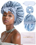 Silky Dream Bonnet for Curly Hair with Tie Band (Blue)